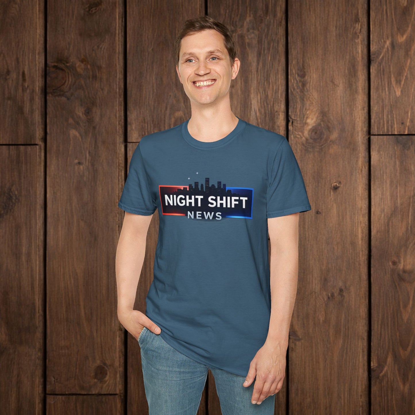 Night Shift News T-Shirt — Skyline Logo Tee for Late Shift Workers image 13