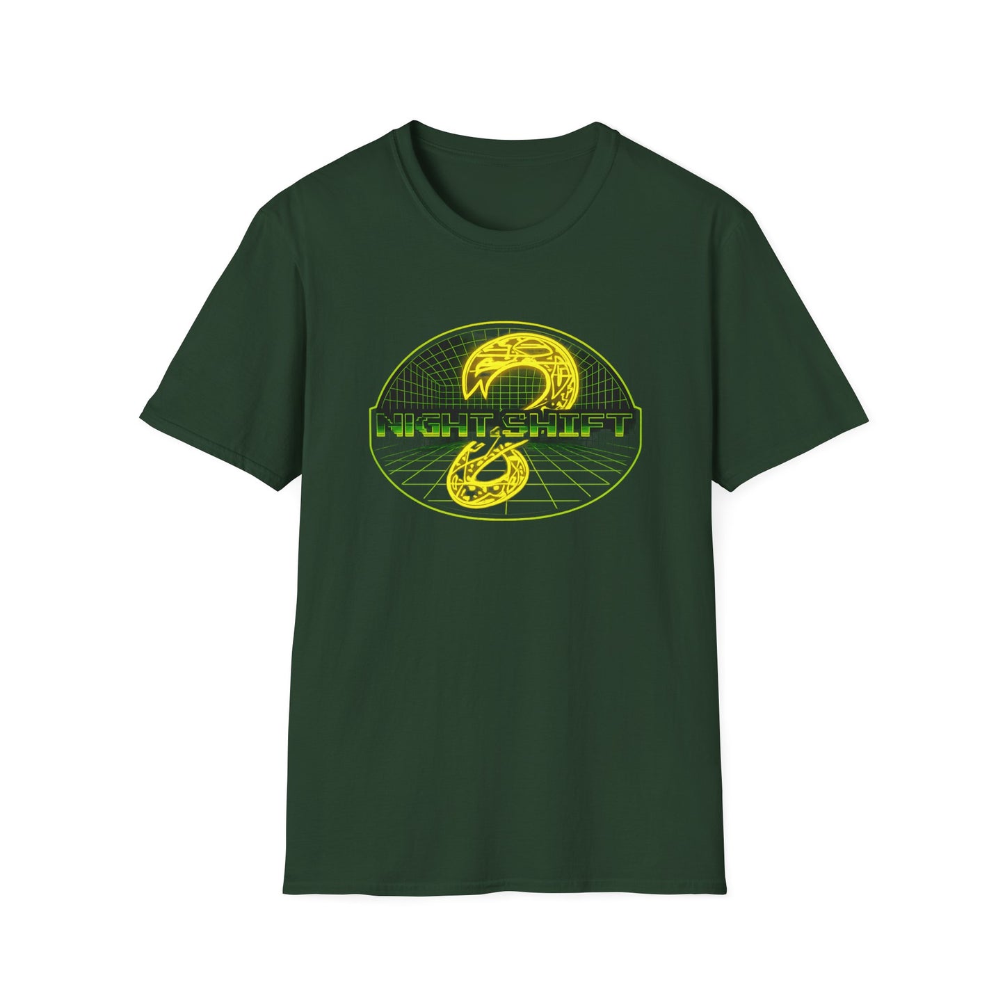 Retro Sci‑Fi Night Shift T-Shirt — Neon Snake Grid Graphic image 14
