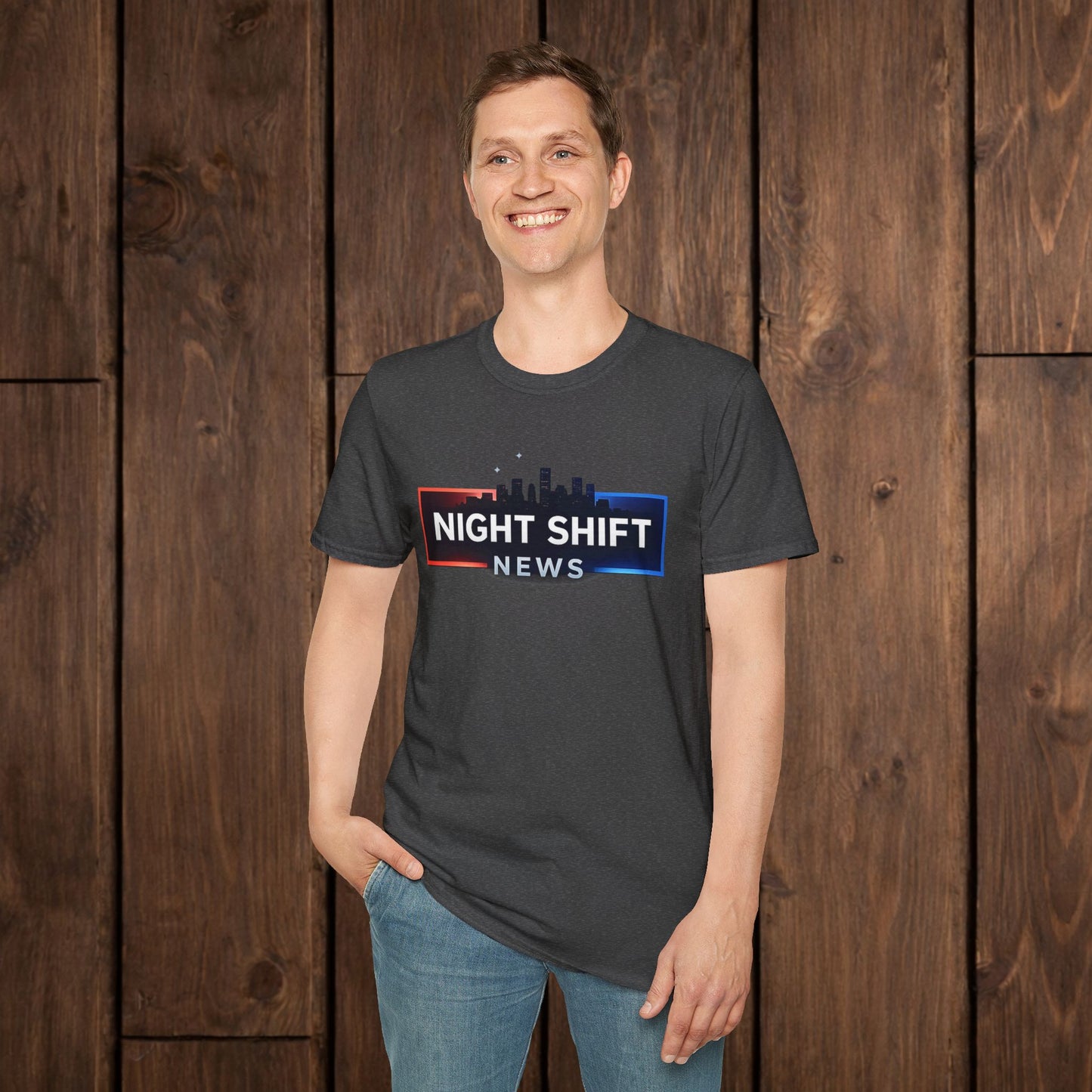 Night Shift News T-Shirt — Skyline Logo Tee for Late Shift Workers image 9