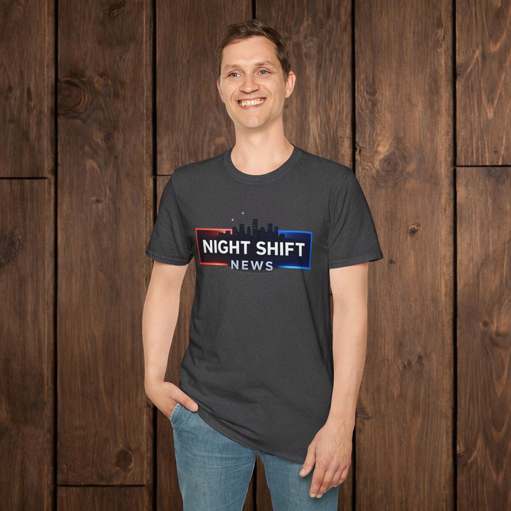Night Shift News T-Shirt — Skyline Logo Tee for Late Shift Workers image 9