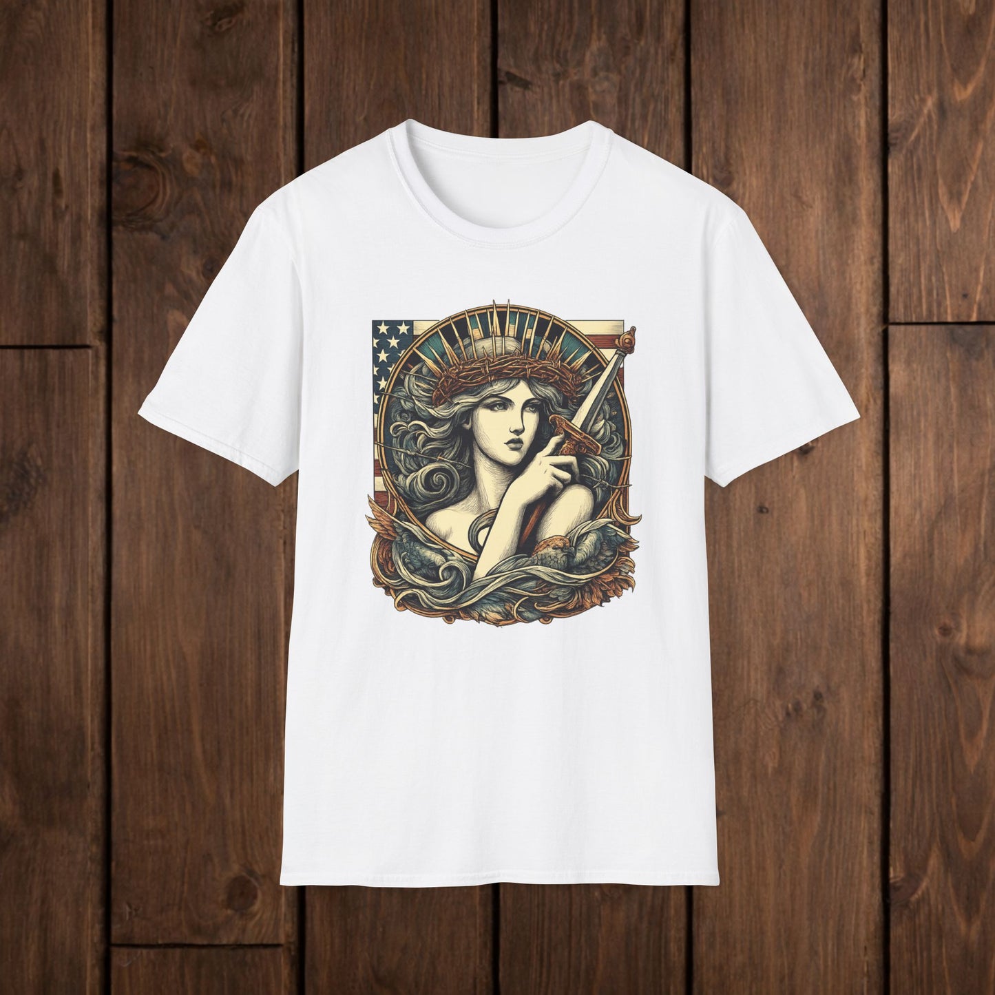 Liberty Lady Vintage Patriotic T-Shirt — American Woman Graphic Tee image 0