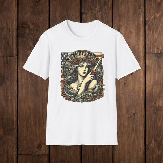 Liberty Lady Vintage Patriotic T-Shirt — American Woman Graphic Tee image 0