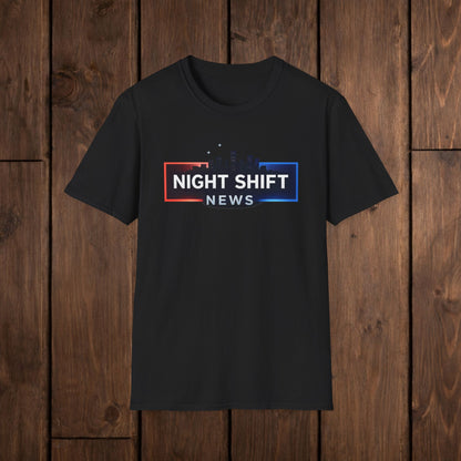 Night Shift News T-Shirt — Skyline Logo Tee for Late Shift Workers image 1