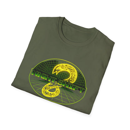 Retro Sci‑Fi Night Shift T-Shirt — Neon Snake Grid Graphic