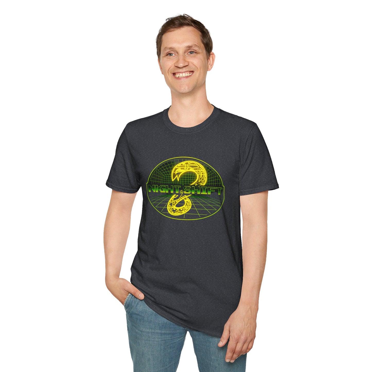 Retro Sci‑Fi Night Shift T-Shirt — Neon Snake Grid Graphic