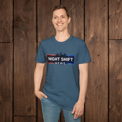 Night Shift News T-Shirt — Skyline Logo Tee for Late Shift Workers image 13