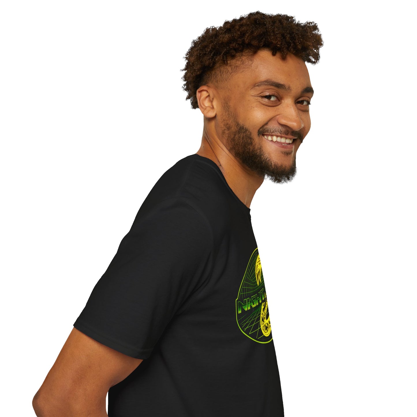 Retro Sci‑Fi Night Shift T-Shirt — Neon Snake Grid Graphic