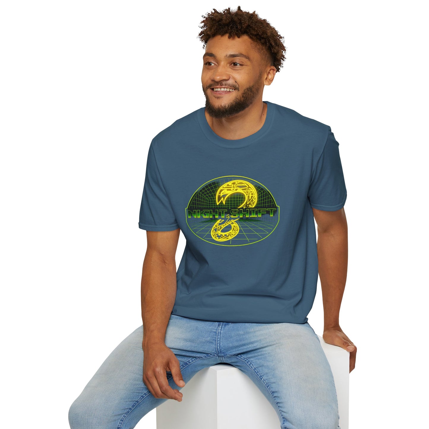 Retro Sci‑Fi Night Shift T-Shirt — Neon Snake Grid Graphic