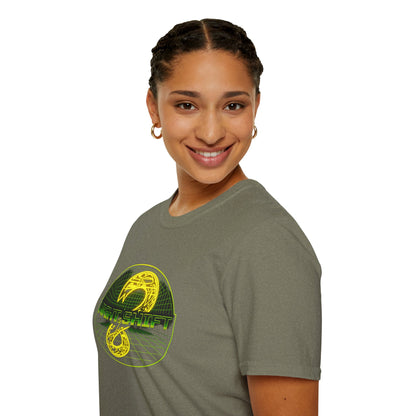 Retro Sci‑Fi Night Shift T-Shirt — Neon Snake Grid Graphic