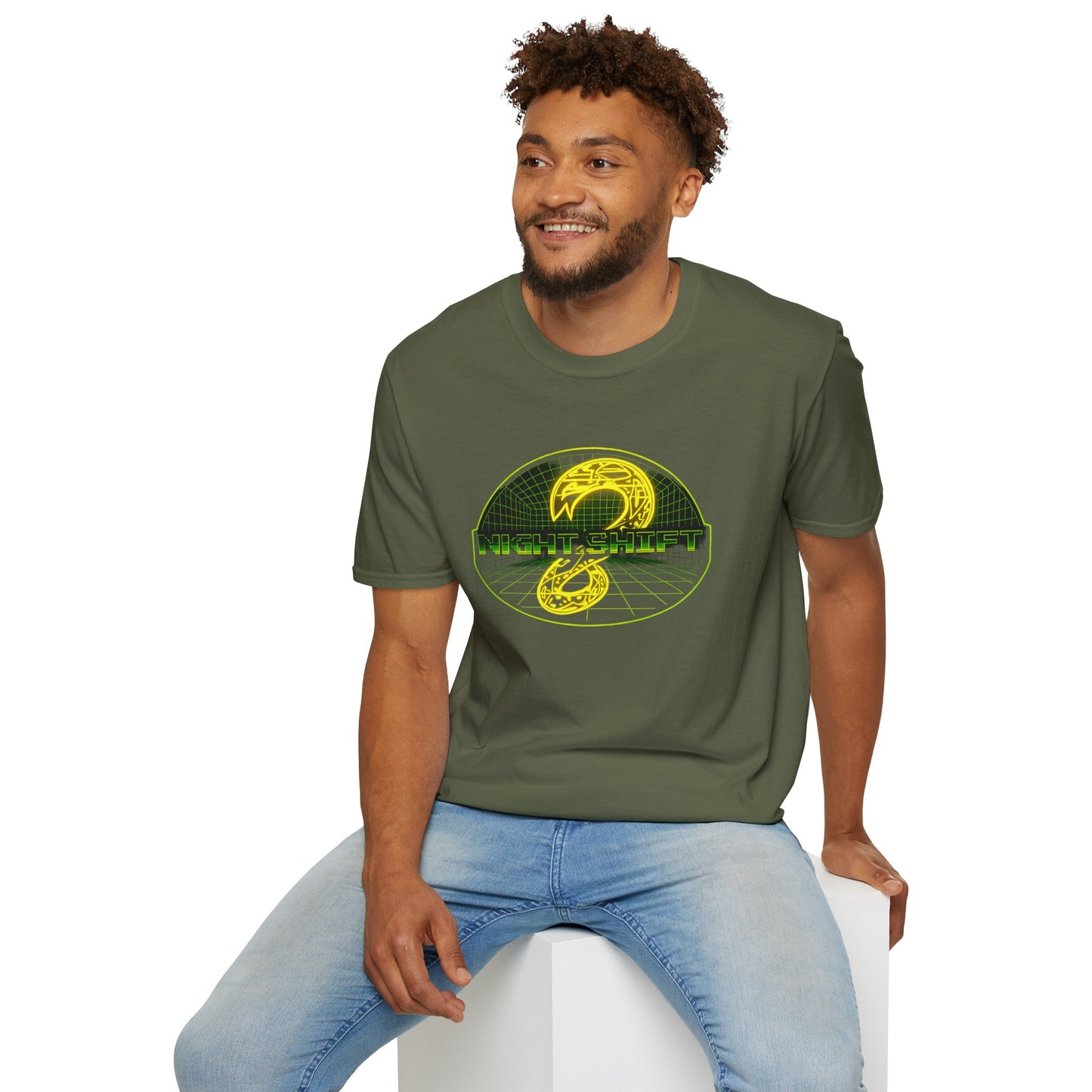 Retro Sci‑Fi Night Shift T-Shirt — Neon Snake Grid Graphic