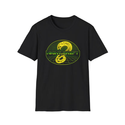 Retro Sci‑Fi Night Shift T-Shirt — Neon Snake Grid Graphic