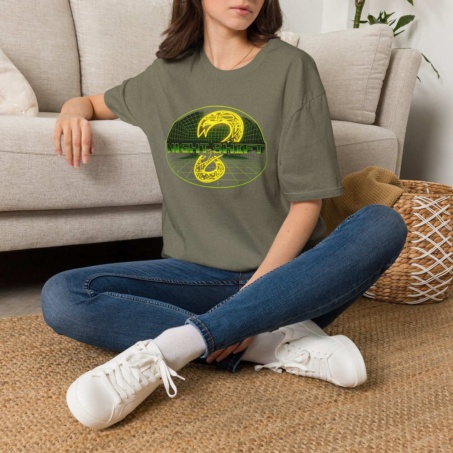 Retro Sci‑Fi Night Shift T-Shirt — Neon Snake Grid Graphic