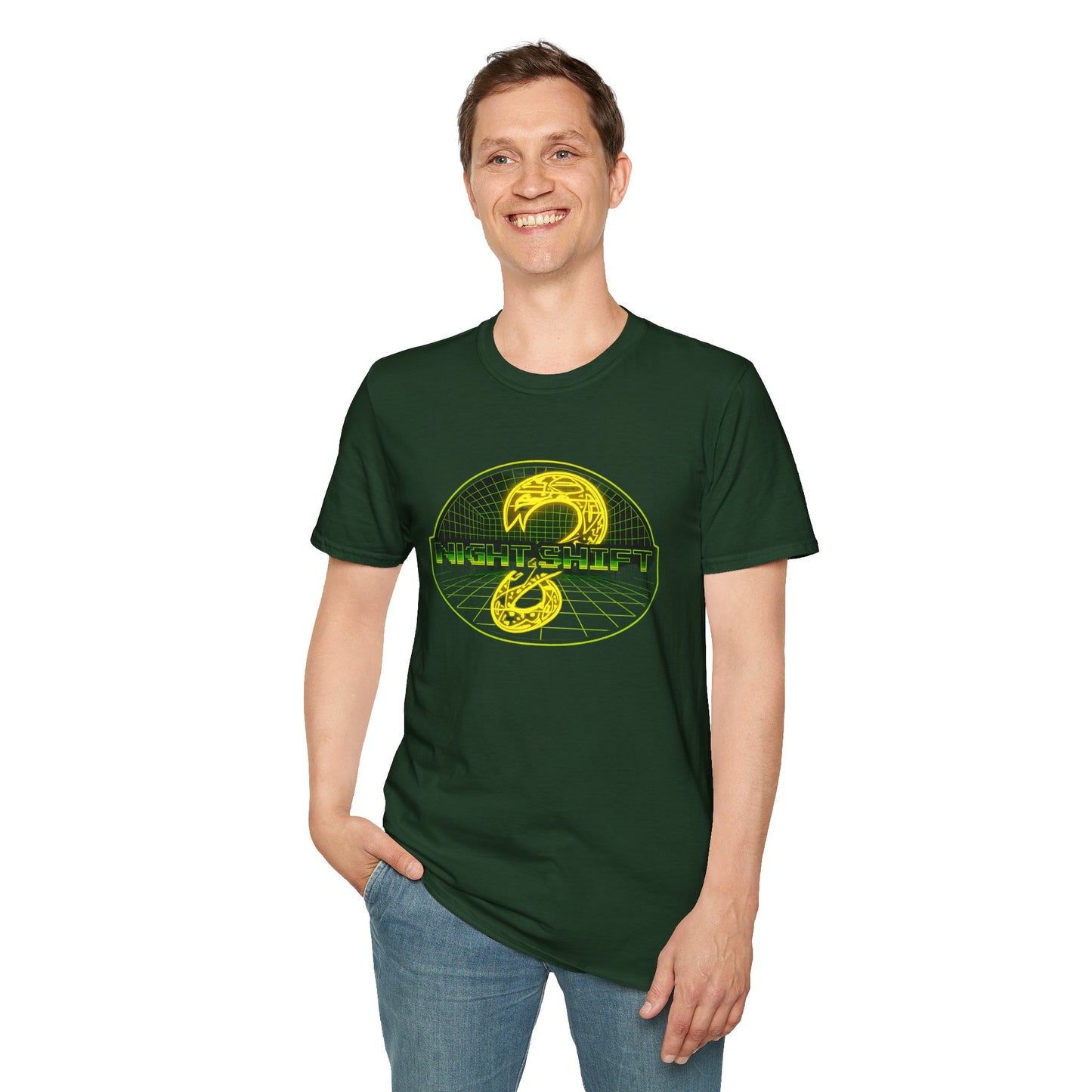 Retro Sci‑Fi Night Shift T-Shirt — Neon Snake Grid Graphic