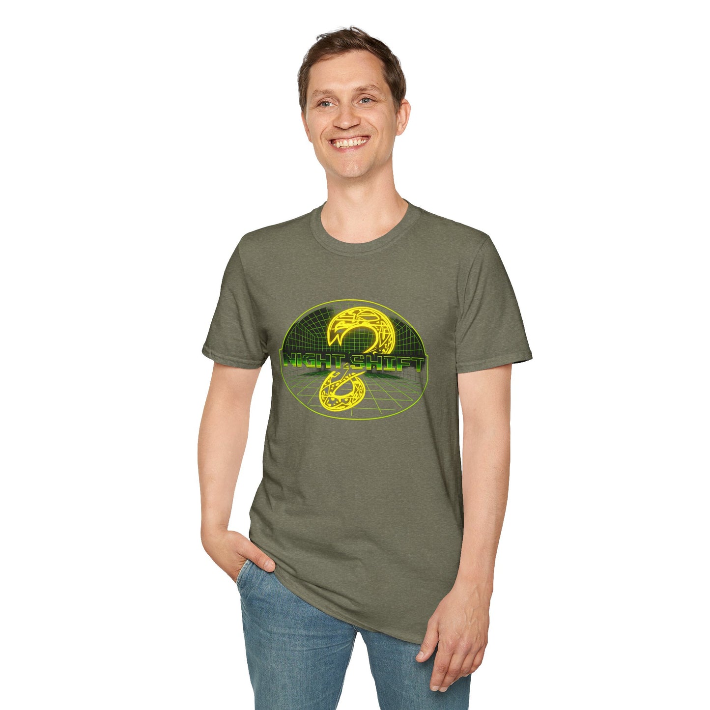 Retro Sci‑Fi Night Shift T-Shirt — Neon Snake Grid Graphic