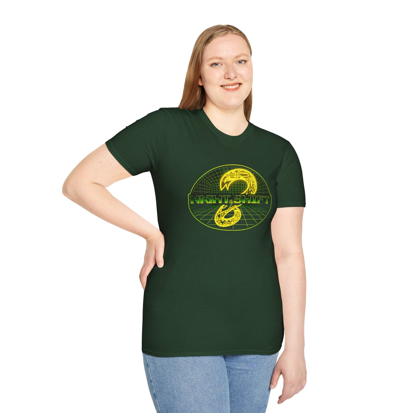 Retro Sci‑Fi Night Shift T-Shirt — Neon Snake Grid Graphic