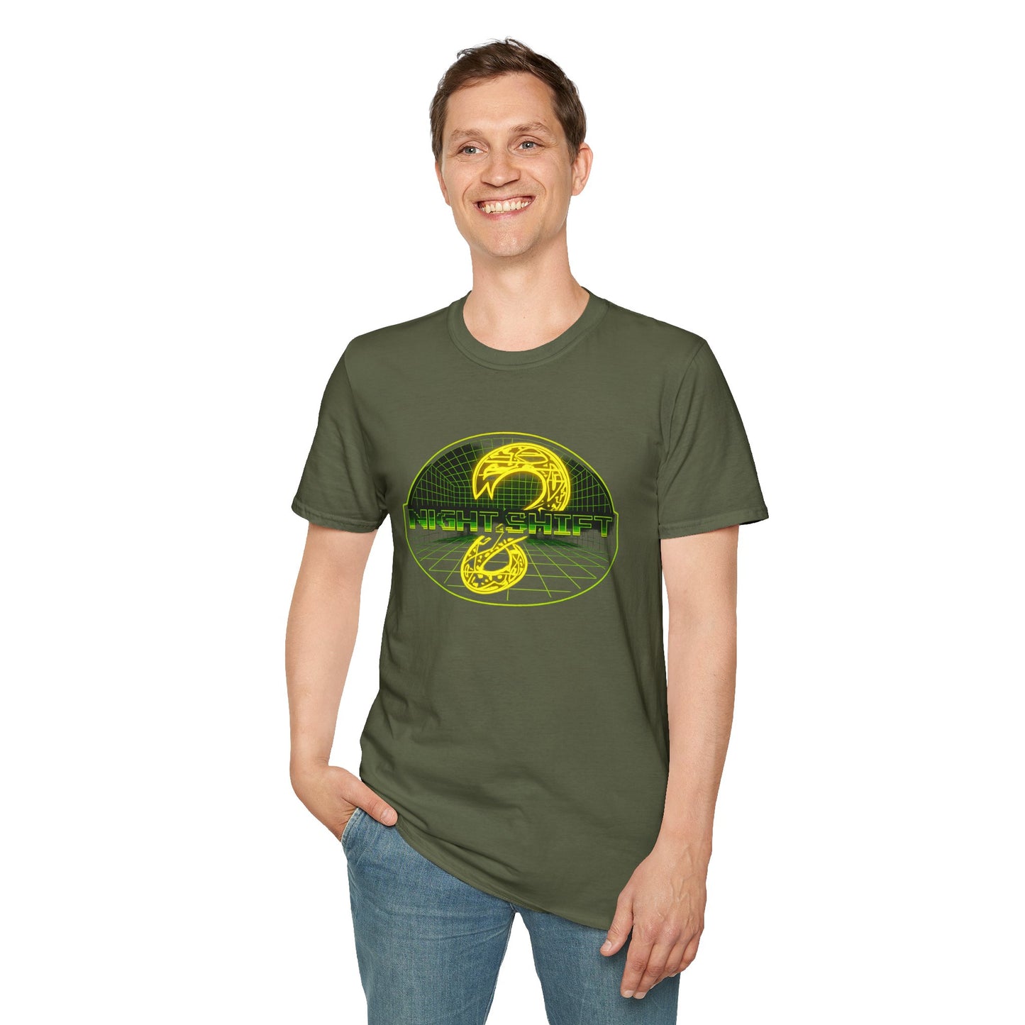 Retro Sci‑Fi Night Shift T-Shirt — Neon Snake Grid Graphic