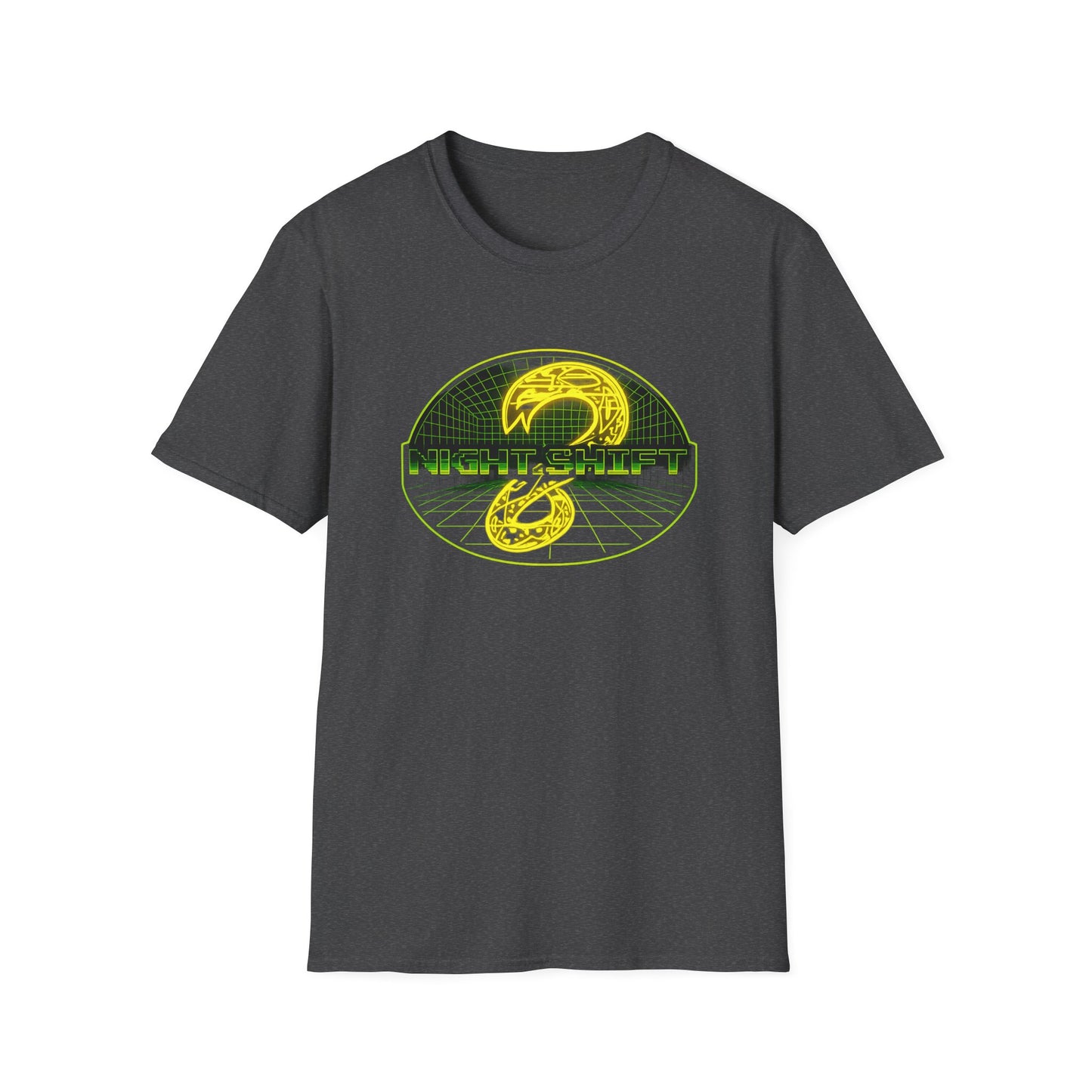 Retro Sci‑Fi Night Shift T-Shirt — Neon Snake Grid Graphic