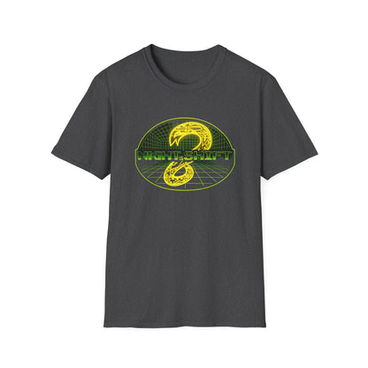 Retro Sci‑Fi Night Shift T-Shirt — Neon Snake Grid Graphic