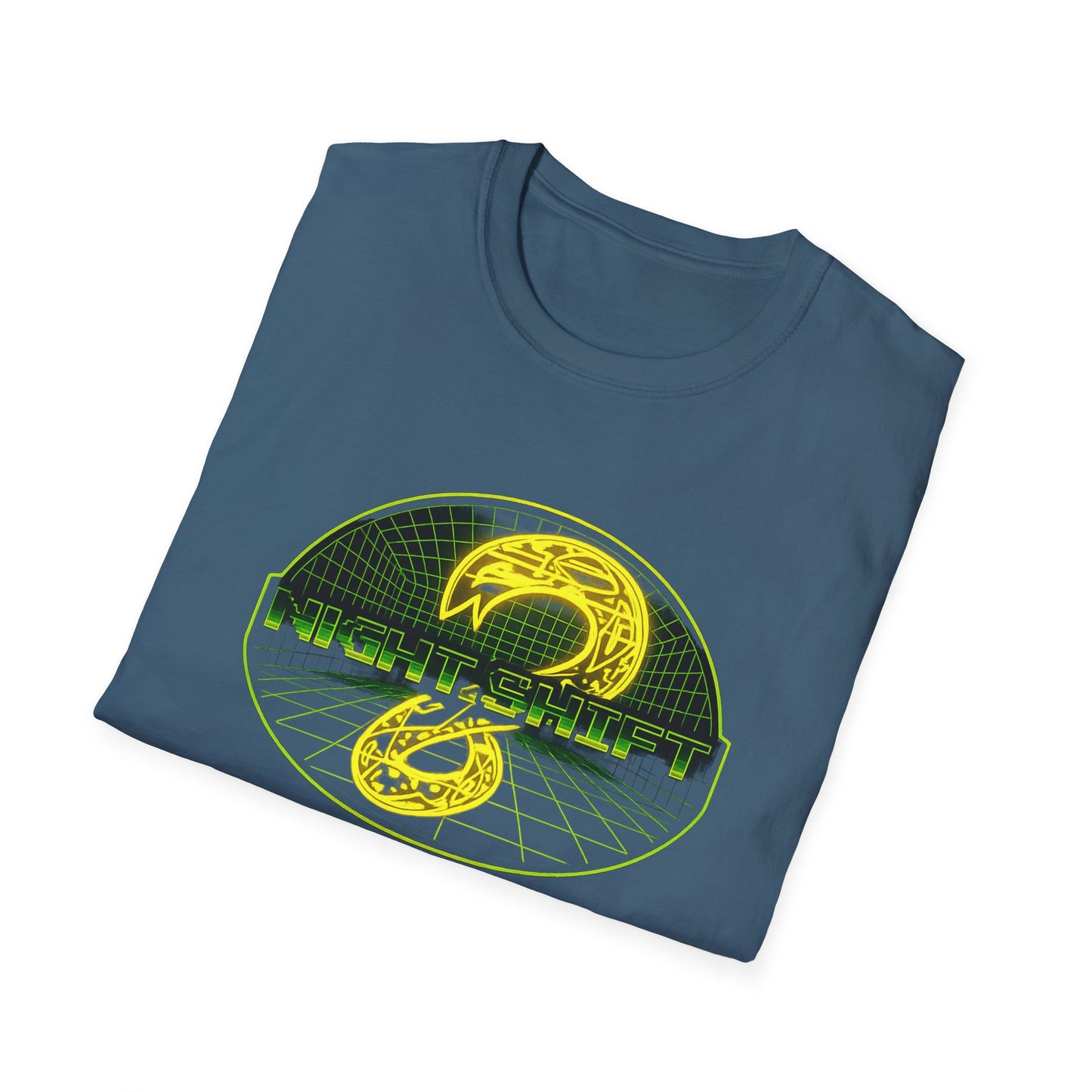 Retro Sci‑Fi Night Shift T-Shirt — Neon Snake Grid Graphic