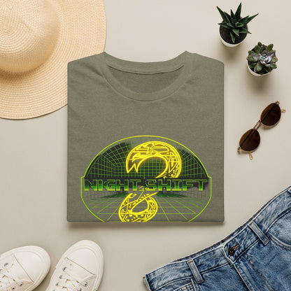 Retro Sci‑Fi Night Shift T-Shirt — Neon Snake Grid Graphic image 4