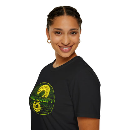 Retro Sci‑Fi Night Shift T-Shirt — Neon Snake Grid Graphic
