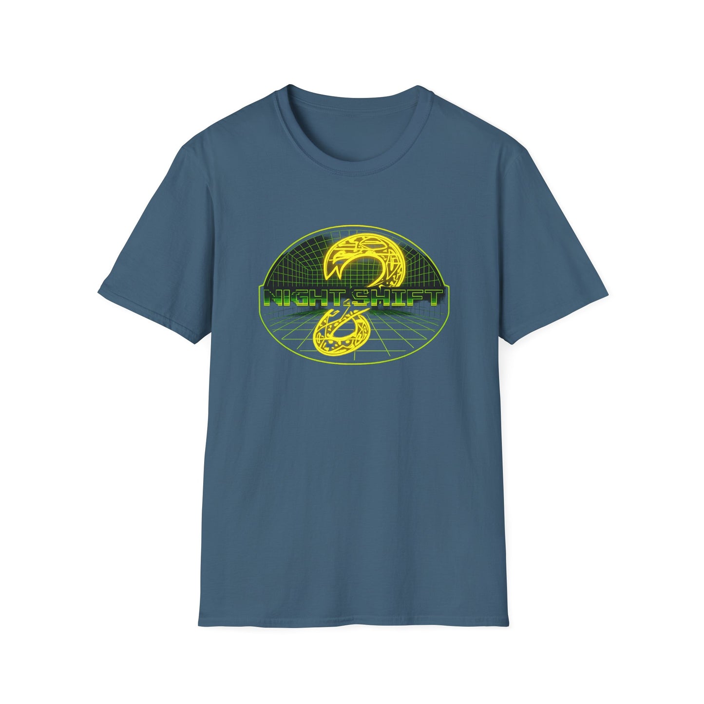 Retro Sci‑Fi Night Shift T-Shirt — Neon Snake Grid Graphic