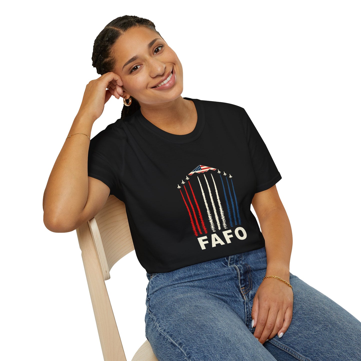 FAFO Jetpack Aviation Tee — Red, White & Blue Graphic