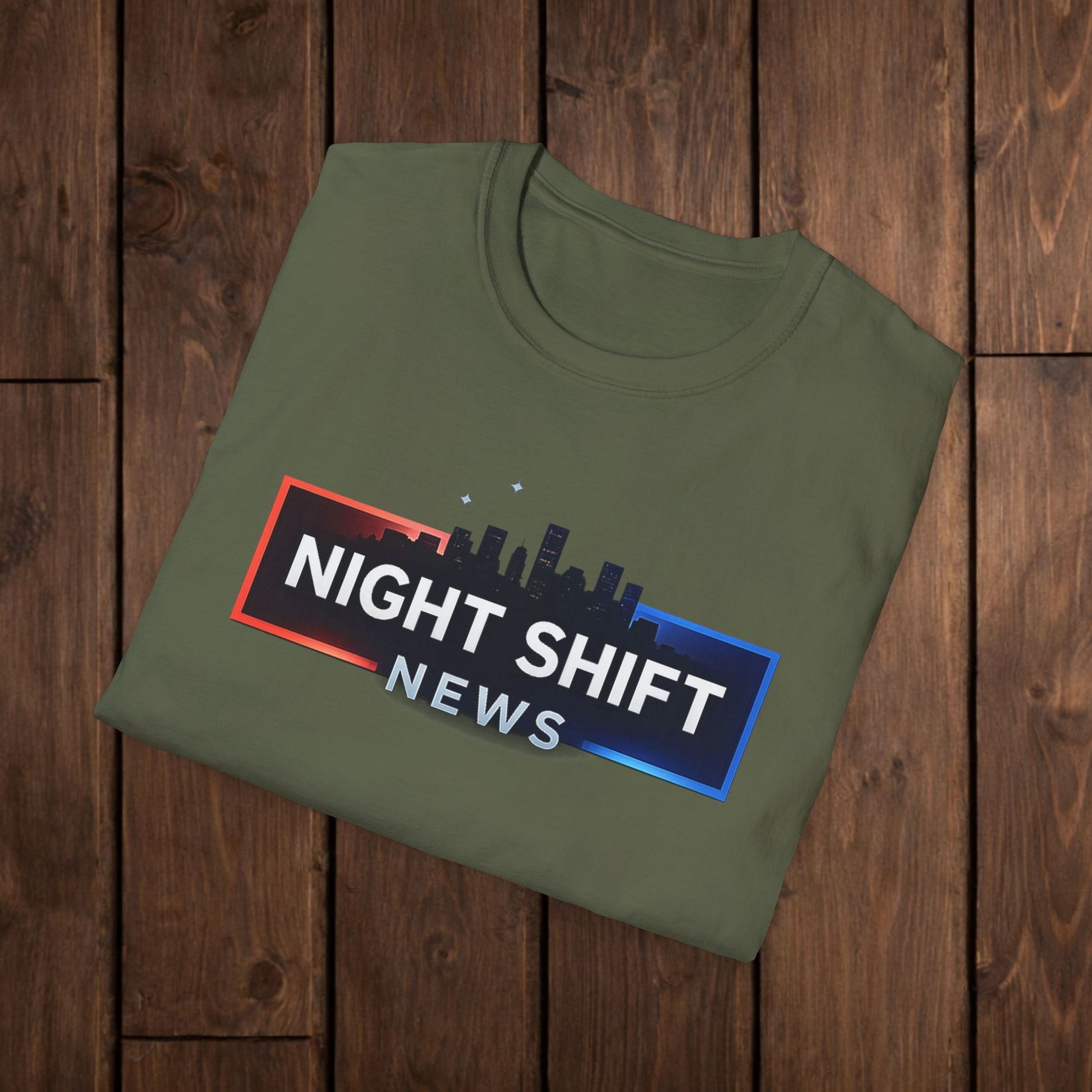 Night Shift News T-Shirt — Skyline Logo Tee for Late Shift Workers image 8