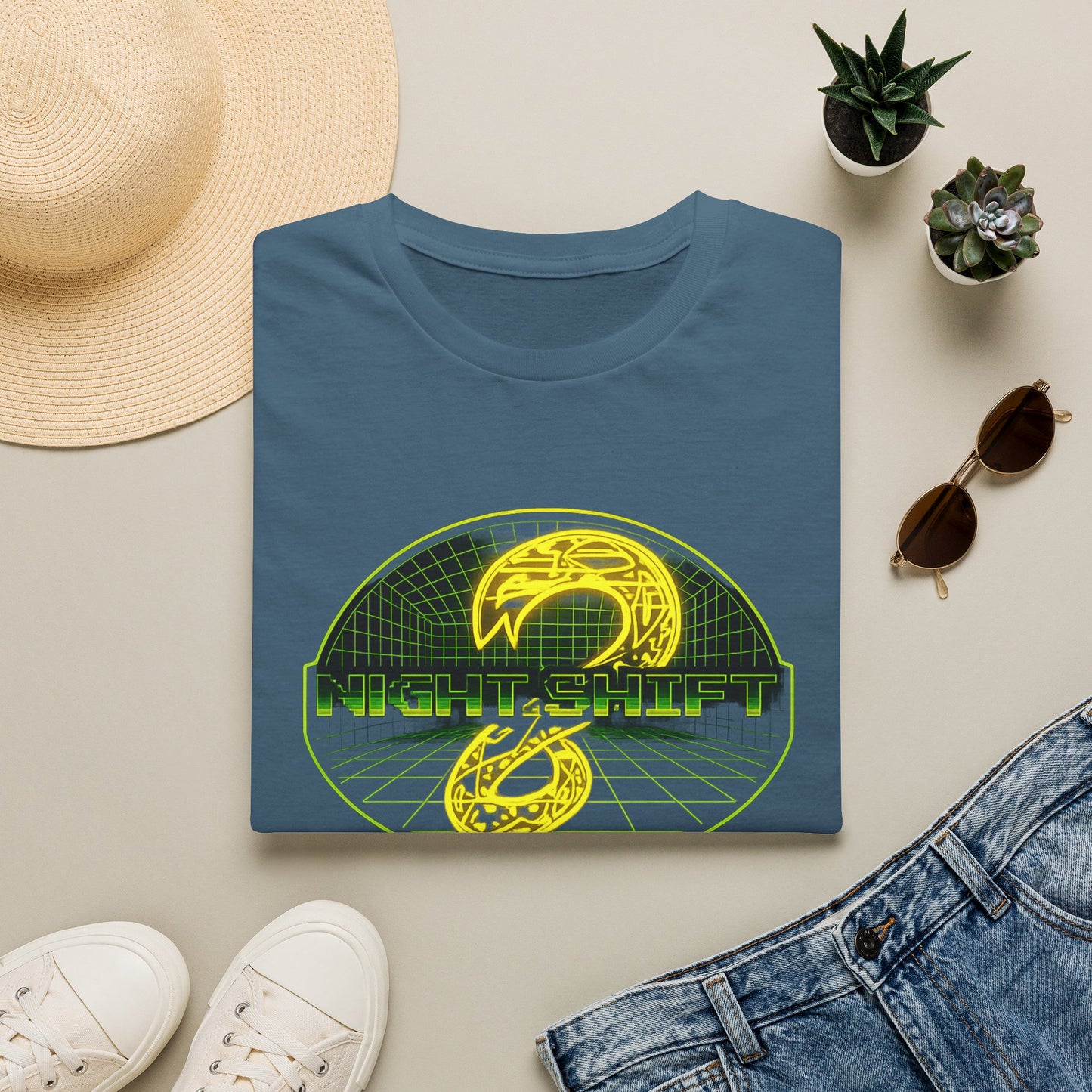 Retro Sci‑Fi Night Shift T-Shirt — Neon Snake Grid Graphic