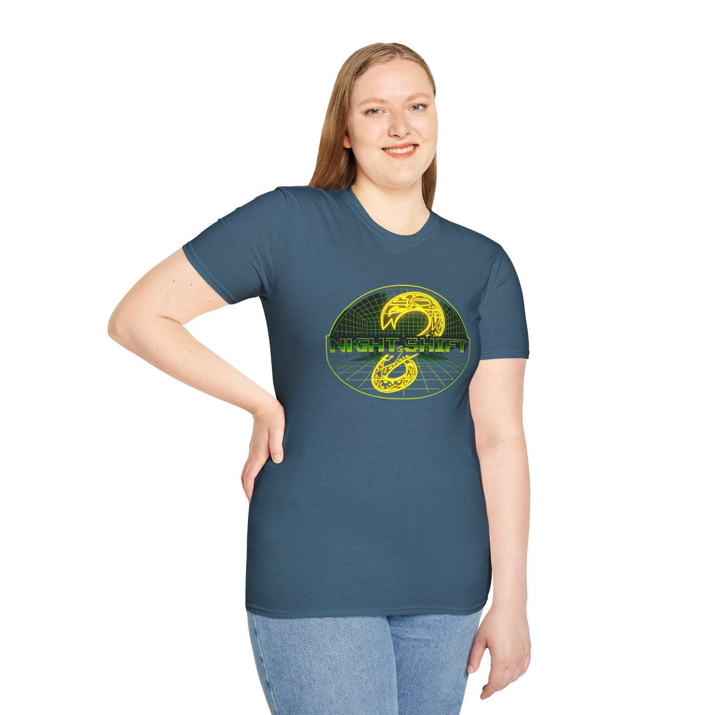 Retro Sci‑Fi Night Shift T-Shirt — Neon Snake Grid Graphic