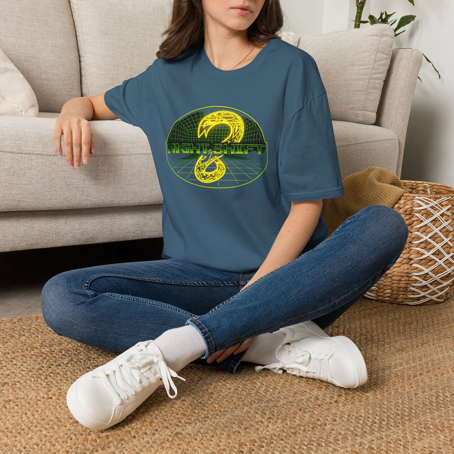 Retro Sci‑Fi Night Shift T-Shirt — Neon Snake Grid Graphic
