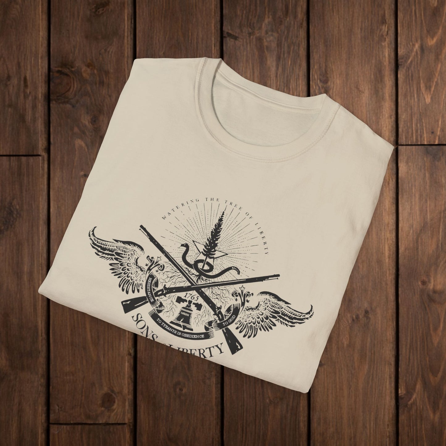 Sons of Liberty Rifle Crest T-Shirt — Vintage Historical Emblem image 7