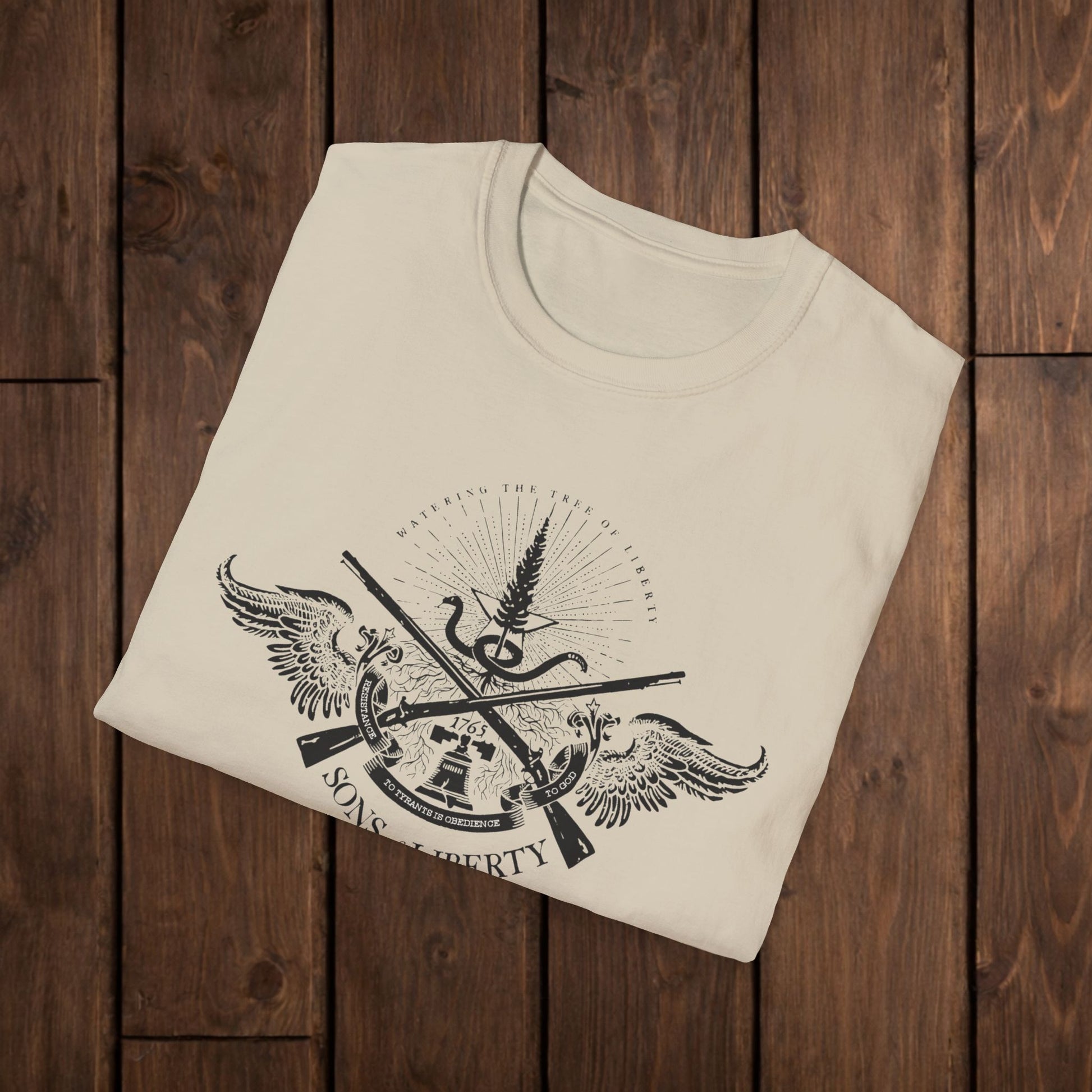 Sons of Liberty Rifle Crest T-Shirt — Vintage Historical Emblem image 7