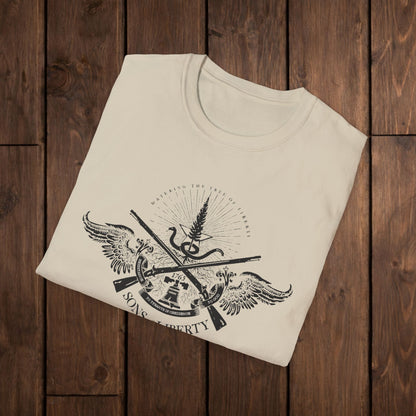 Sons of Liberty Rifle Crest T-Shirt — Vintage Historical Emblem image 7