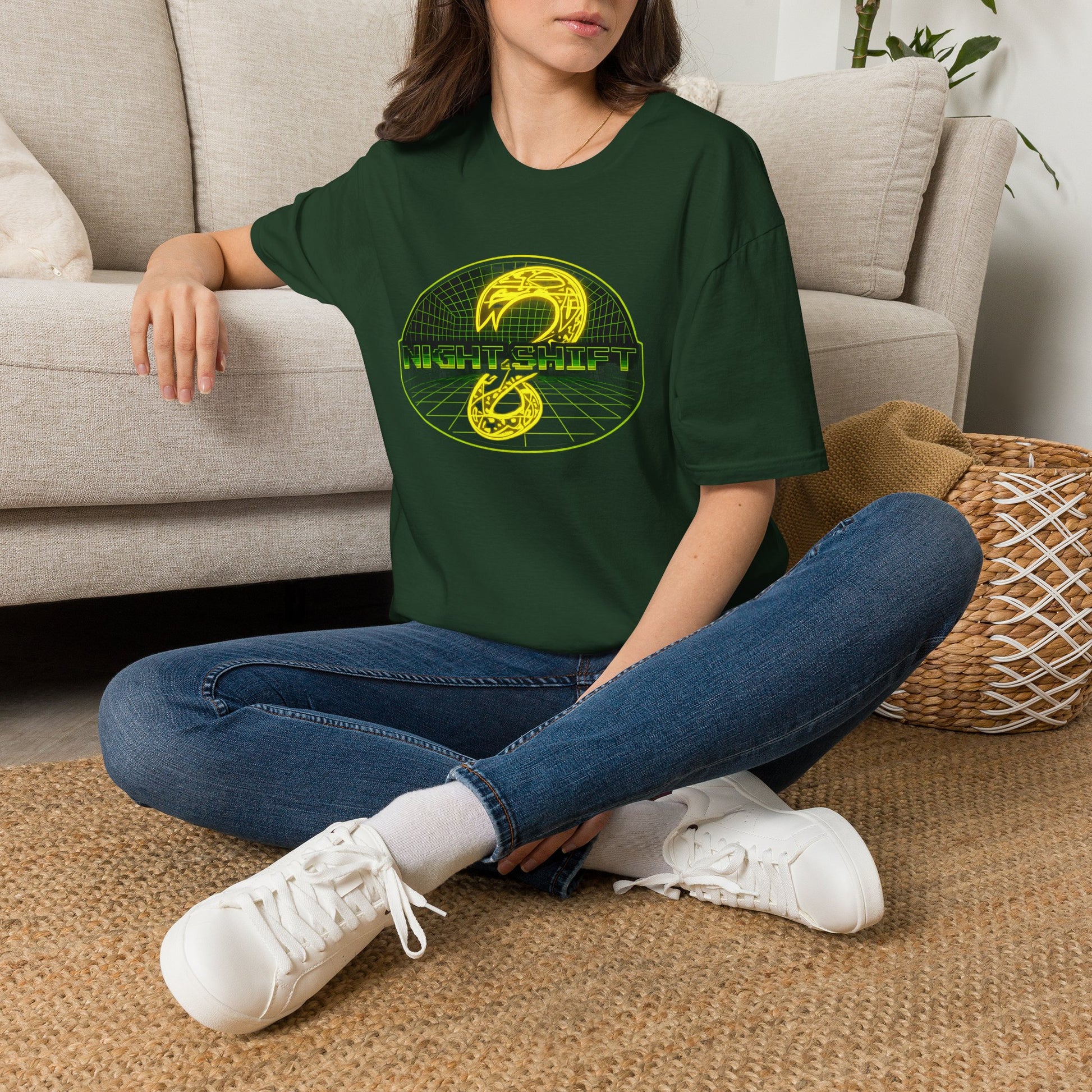 Retro Sci‑Fi Night Shift T-Shirt — Neon Snake Grid Graphic image 13