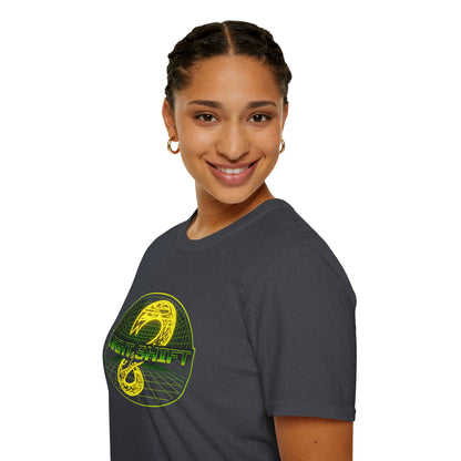 Retro Sci‑Fi Night Shift T-Shirt — Neon Snake Grid Graphic