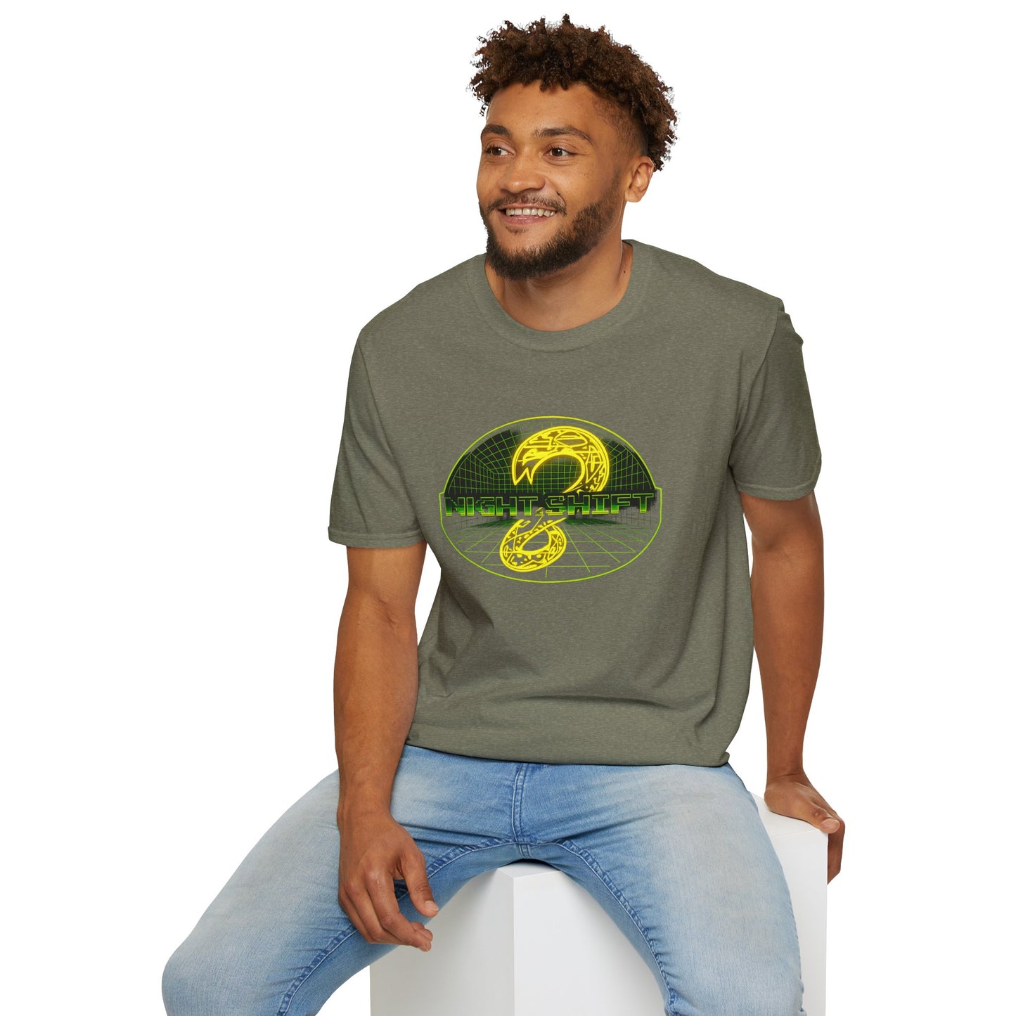 Retro Sci‑Fi Night Shift T-Shirt — Neon Snake Grid Graphic