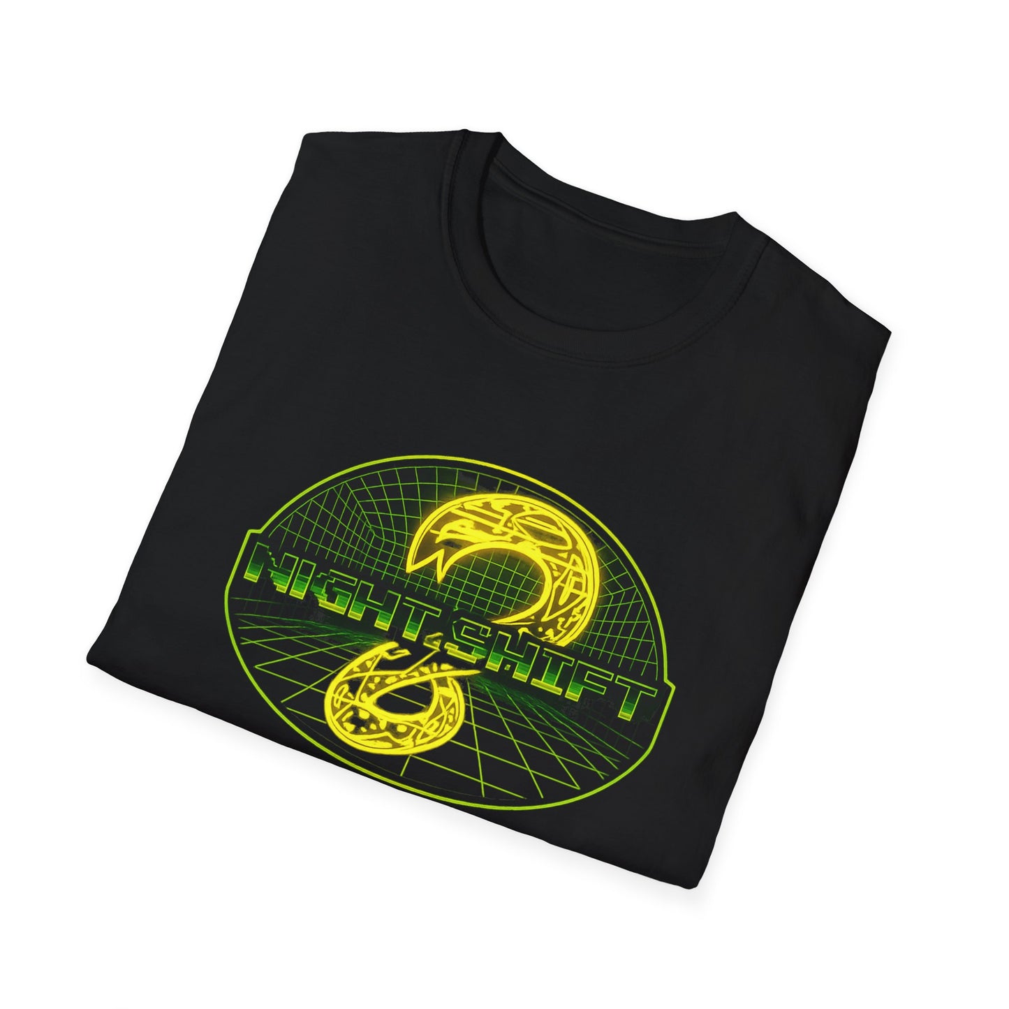 Retro Sci‑Fi Night Shift T-Shirt — Neon Snake Grid Graphic