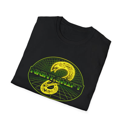 Retro Sci‑Fi Night Shift T-Shirt — Neon Snake Grid Graphic