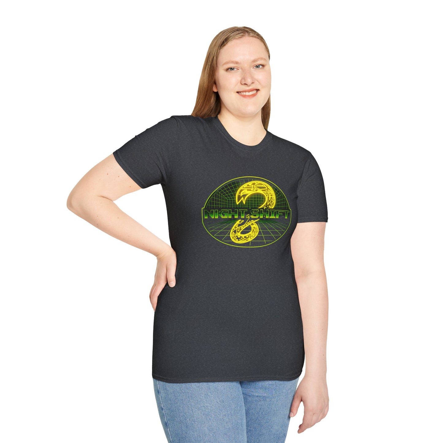 Retro Sci‑Fi Night Shift T-Shirt — Neon Snake Grid Graphic