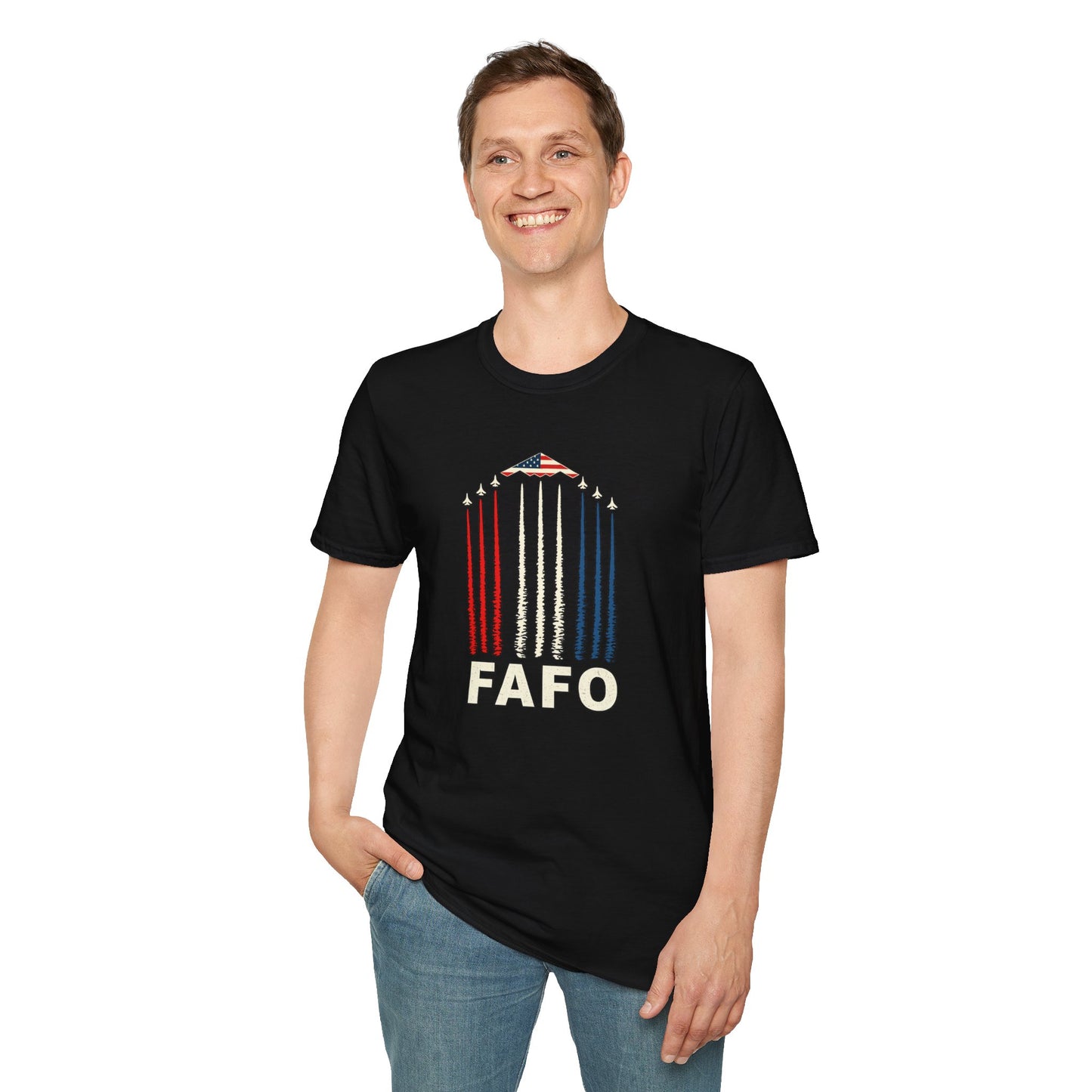 FAFO Jetpack Aviation Tee — Red, White & Blue Graphic