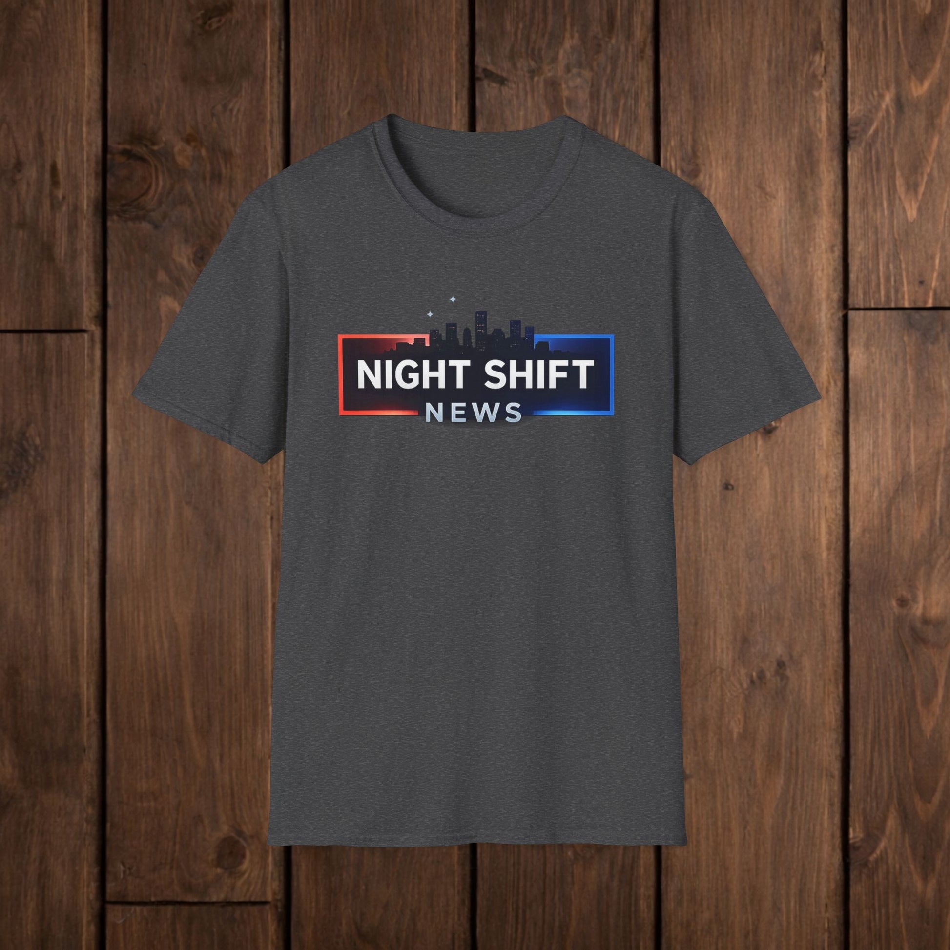 Night Shift News T-Shirt — Skyline Logo Tee for Late Shift Workers image 10