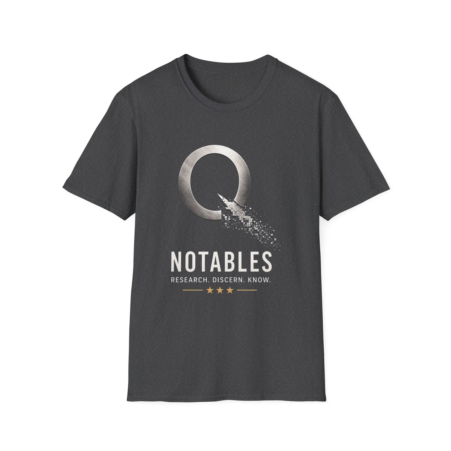 QNotables Metallic Shirt – Research Discern Know Graphic Tee – Digital Dissolve Logo T-Shirt – Truth Seeker Apparel