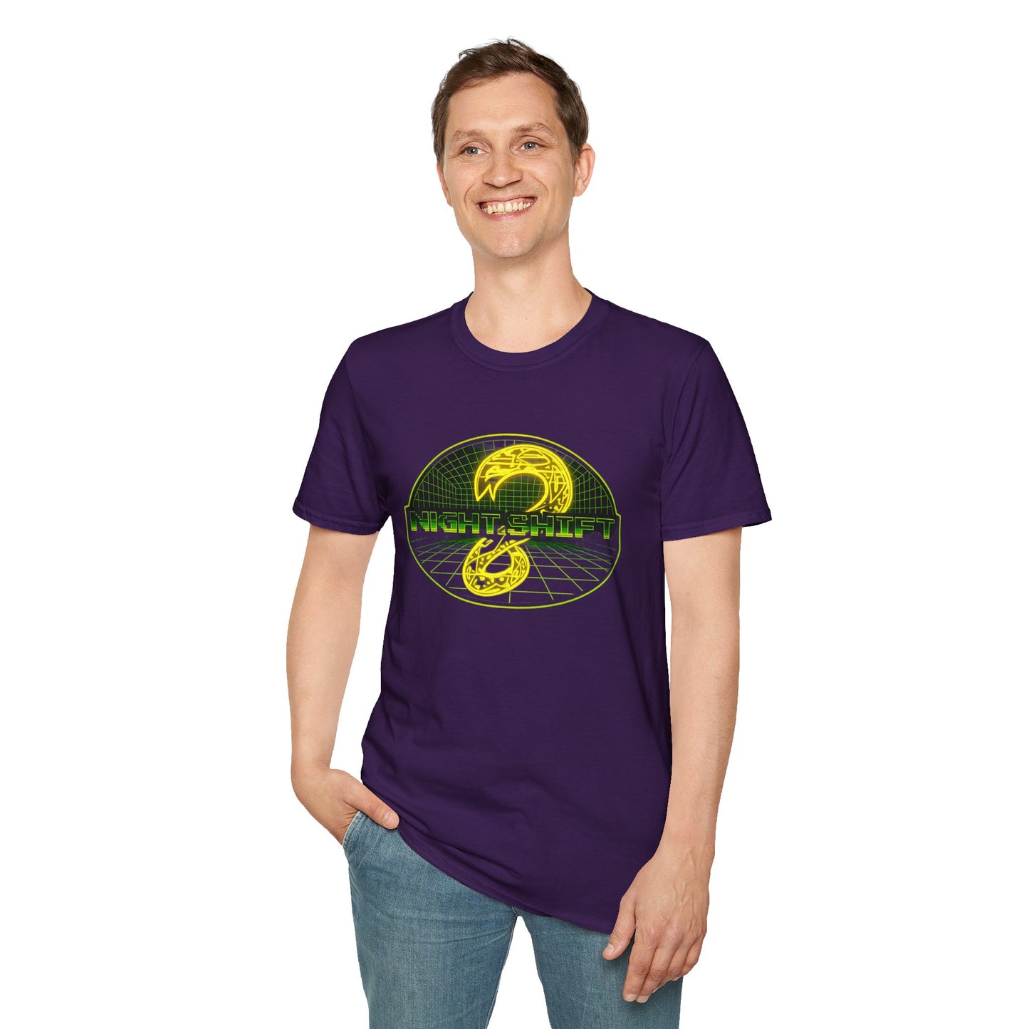 Retro Sci‑Fi Night Shift T-Shirt — Neon Snake Grid Graphic