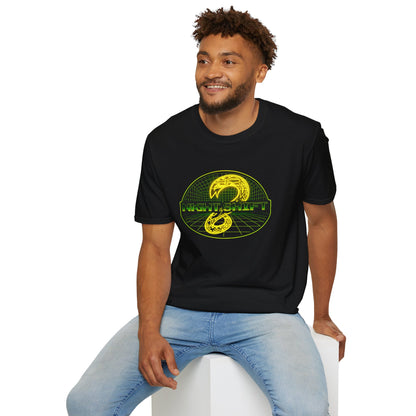 Retro Sci‑Fi Night Shift T-Shirt — Neon Snake Grid Graphic