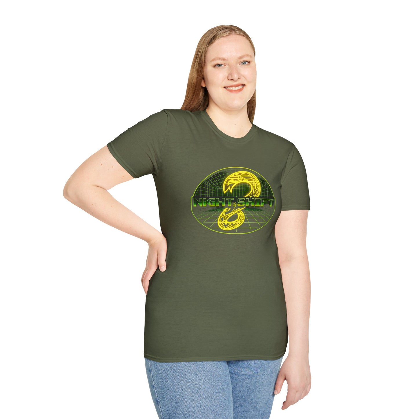 Retro Sci‑Fi Night Shift T-Shirt — Neon Snake Grid Graphic