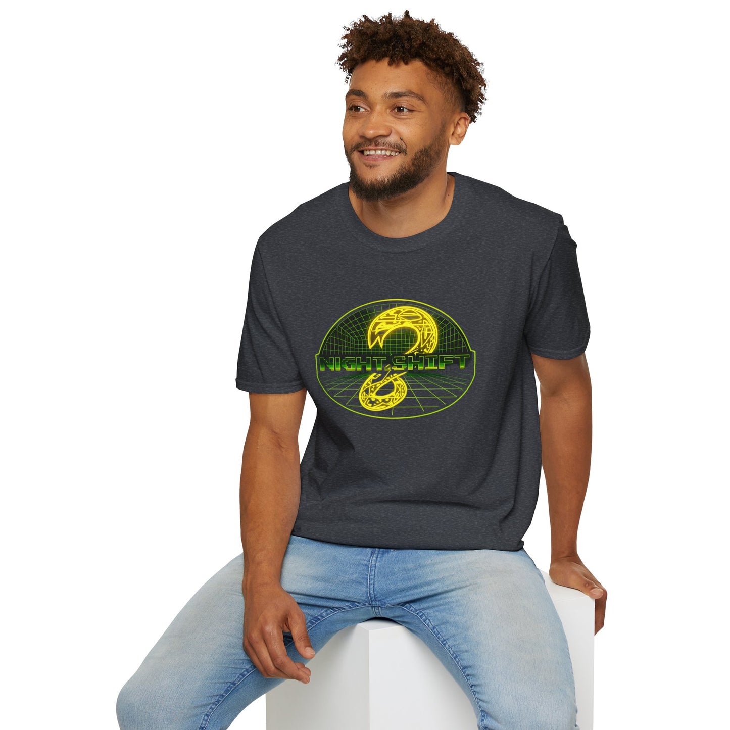 Retro Sci‑Fi Night Shift T-Shirt — Neon Snake Grid Graphic