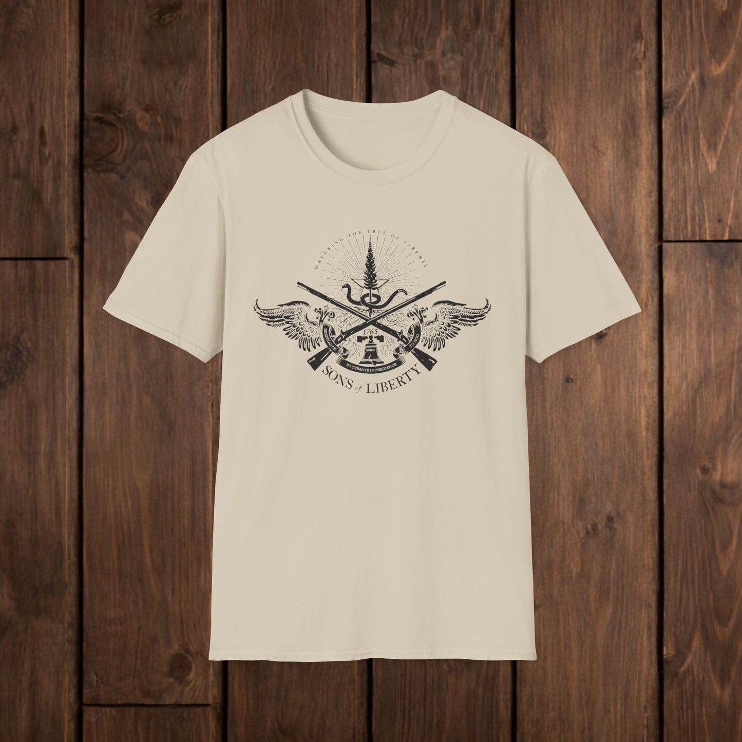 Sons of Liberty Rifle Crest T-Shirt — Vintage Historical Emblem image 4