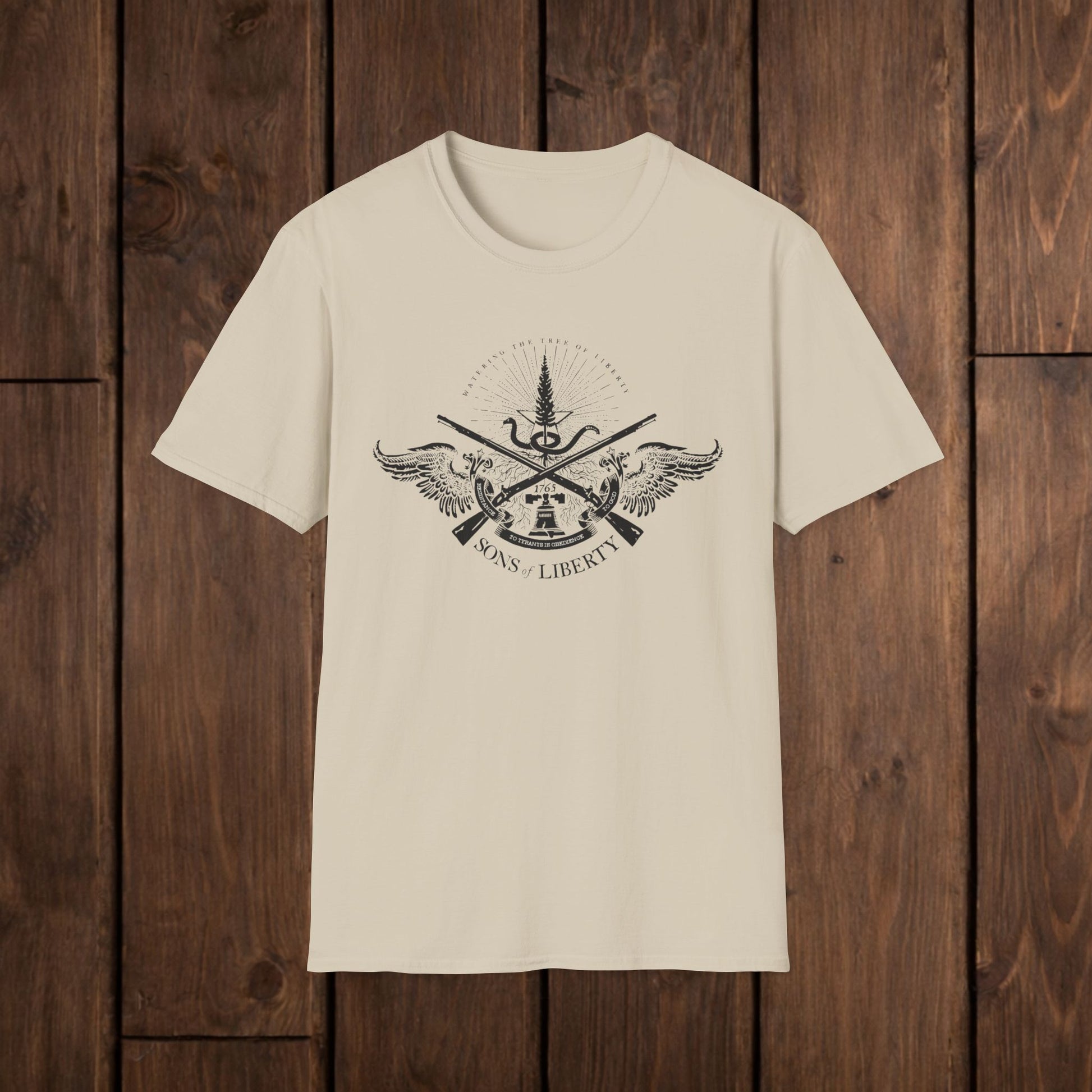 Sons of Liberty Rifle Crest T-Shirt — Vintage Historical Emblem image 4