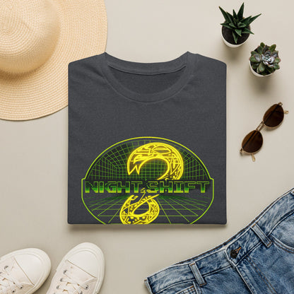 Retro Sci‑Fi Night Shift T-Shirt — Neon Snake Grid Graphic